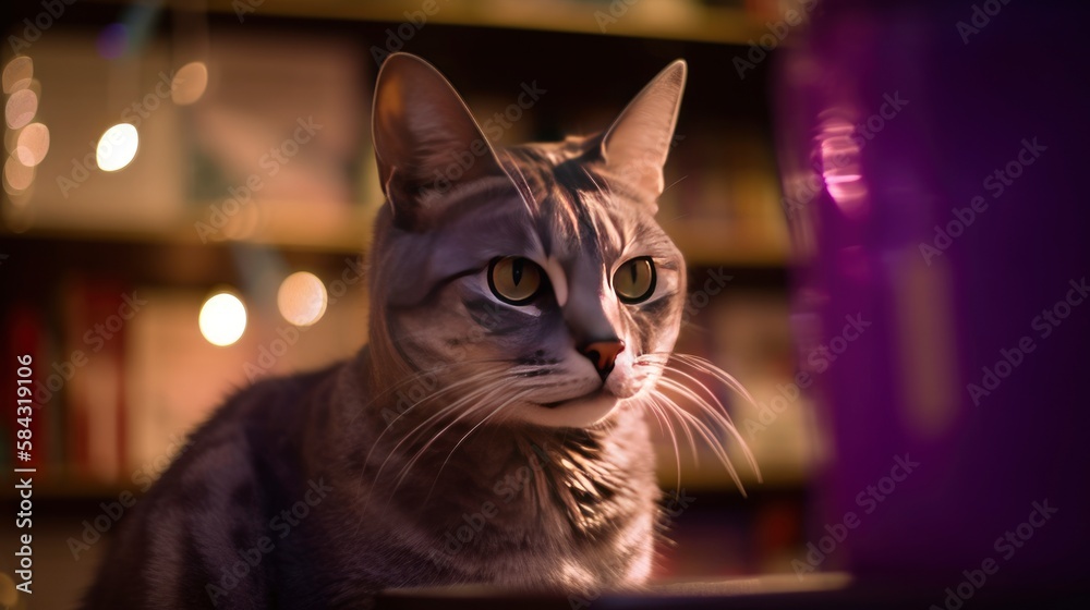 close up of a cat looking up, curious look shock, library background soft blur focus depth of field, studio lights, generative ai  