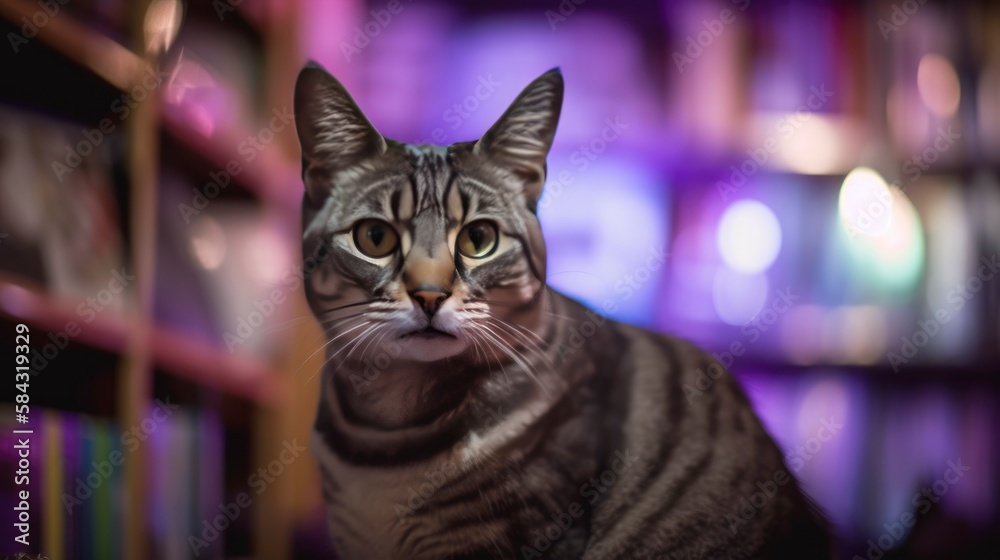 close up of a cat looking up, curious look shock, library background soft blur focus depth of field, studio lights, generative ai  