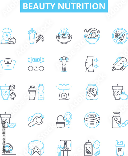 Beauty nutrition vector line icons set. Diet, Nutrition, Beauty, Health, Vitamins, Minerals, Protein illustration outline concept symbols and signs