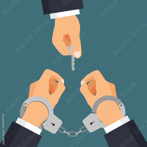 Man with key unlocking handcuffs of arrested man. Break free. End of arrest. Vector illustration in trendy flat style.