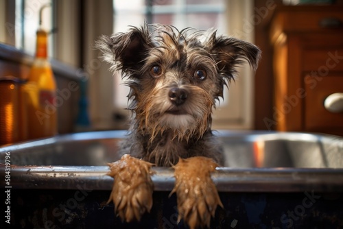 Photograph of Cute Wet Dog in Bathtub with Foam © Georg Lösch