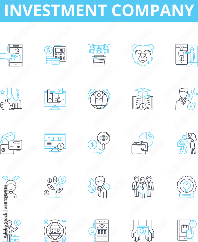 Investment company vector line icons set. Investment, Company, Finance, Fund, Stocks, Wealth, Adviser illustration outline concept symbols and signs