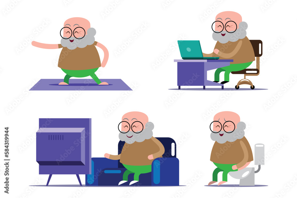 emotion cute vector, illustration flat cartoon character lifestyle senior man exercise, work from home, relax and use toilet at home.