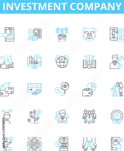 Investment company vector line icons set. Investment, Company, Finance, Fund, Stocks, Wealth, Adviser illustration outline concept symbols and signs