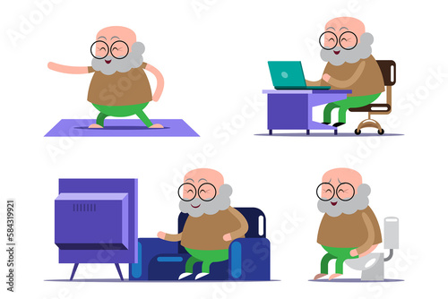 emotion cute vector, illustration flat cartoon character lifestyle senior man exercise, work from home, relax and use toilet at home.