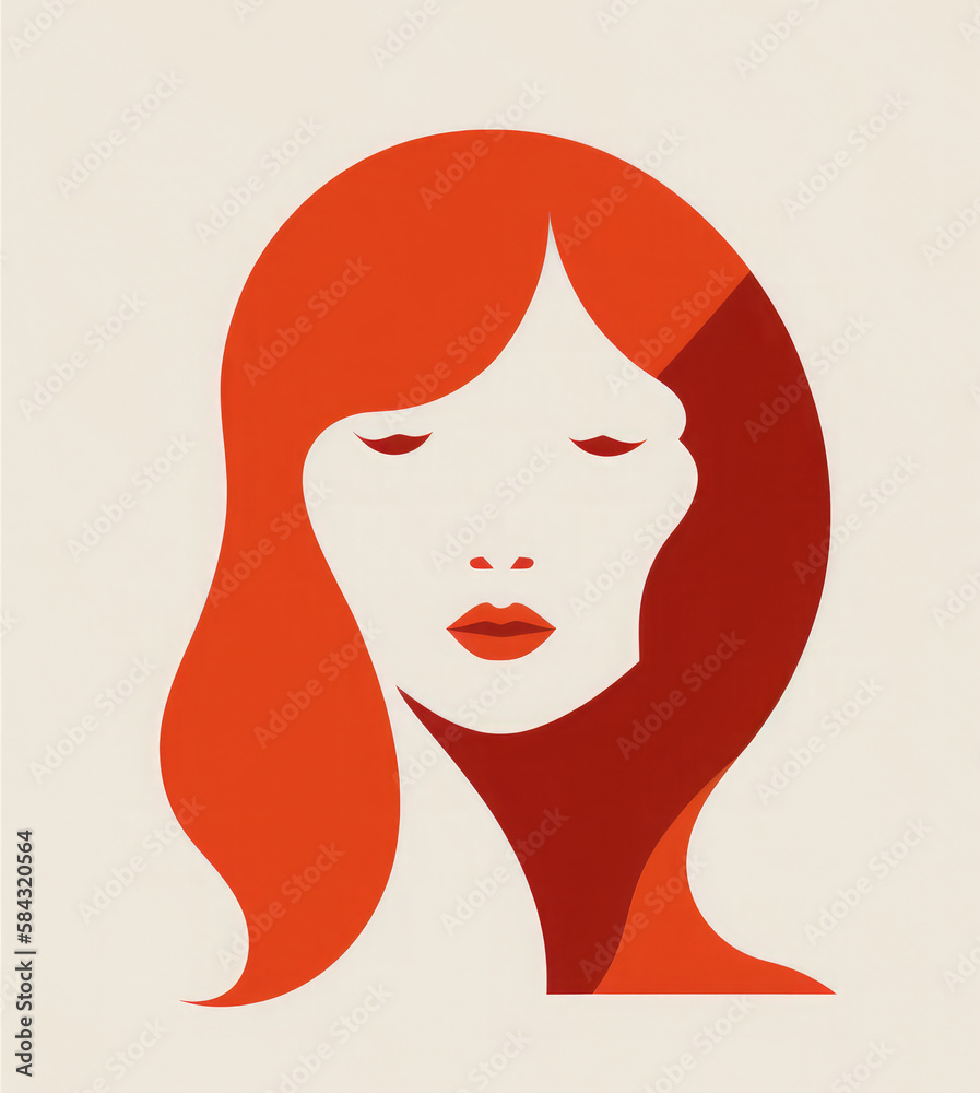 Stylized illustration of a woman head with red hair, isolated on white. Generative AI