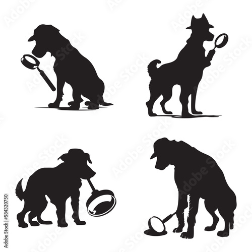 Detective dog vector silhouette with magnifying glass. Detective dog silhouette vector.