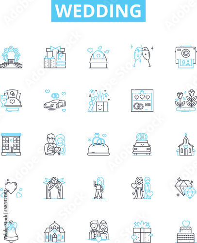 Wedding vector line icons set. Marriage, Nuptials, Ceremony, Bride, Groom, Vows, Celebration illustration outline concept symbols and signs