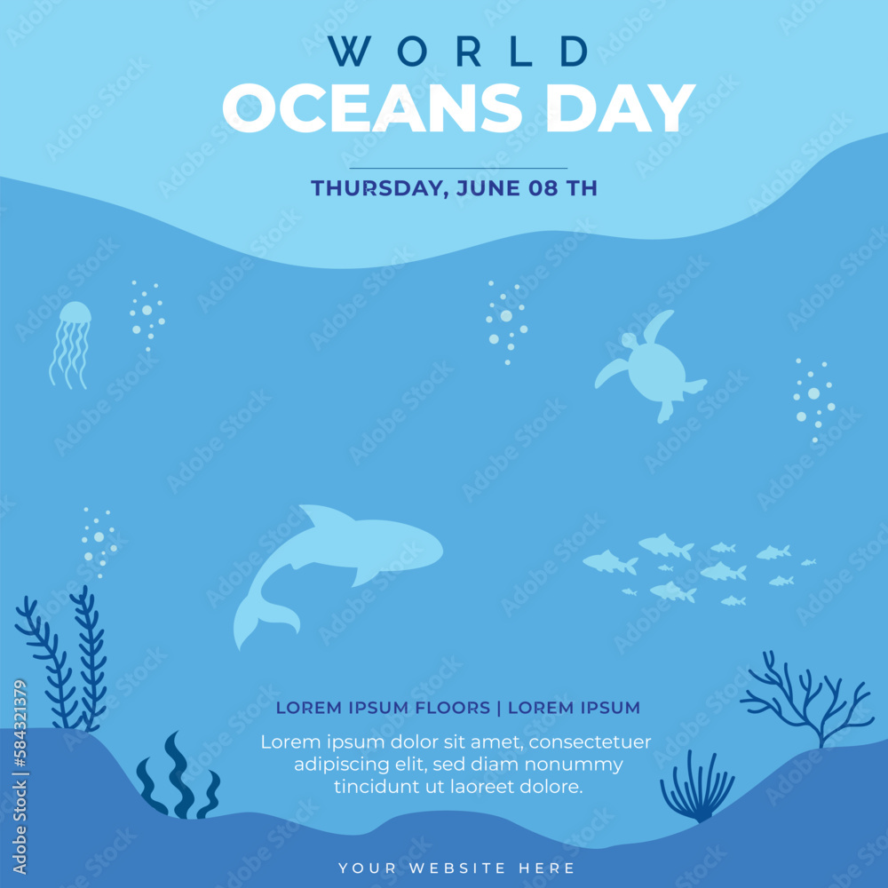 Naklejka premium World oceans day design with underwater ocean, dolphin, shark, coral vector illustration. Let's save our oceans.