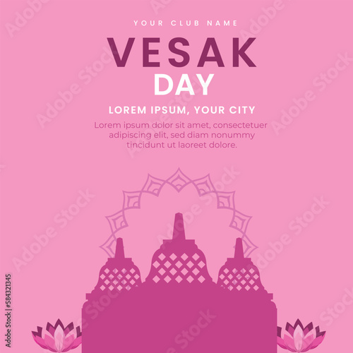 Vesak Day Creative Concept for Card or Banner template illustration. with temple, bell, lantern. 