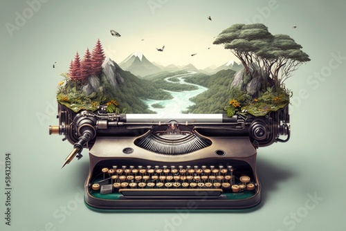 Writer creativity imagination concept illustration, vintage typewriter high angle view flying over natural landscape, copy space on the right. Generative AI photo