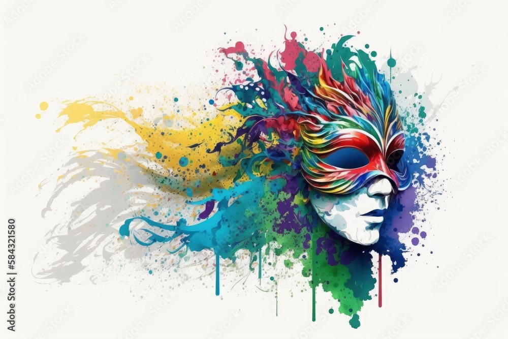Venetian mask carnival colorful splash art masquerade mardi gars banner copy space on white illustration. Generative AI