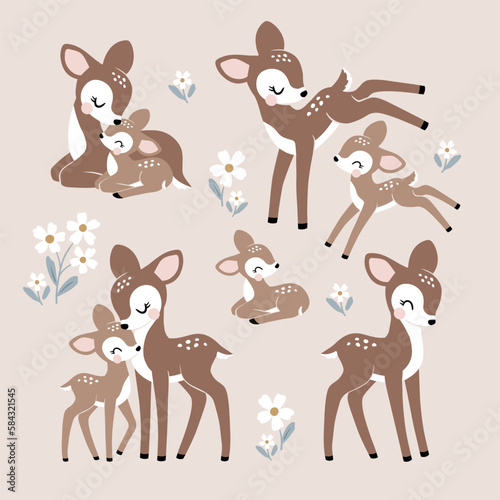 Cute vintage fawn mom and baby characters.  Perfect for tee shirt logo, greeting card, sticker, poster, invitation or print design.