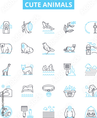 Cute animals vector line icons set. Furry, Puppy, Kitten, Cuddly, Lamb, Bunny, Adorable illustration outline concept symbols and signs
