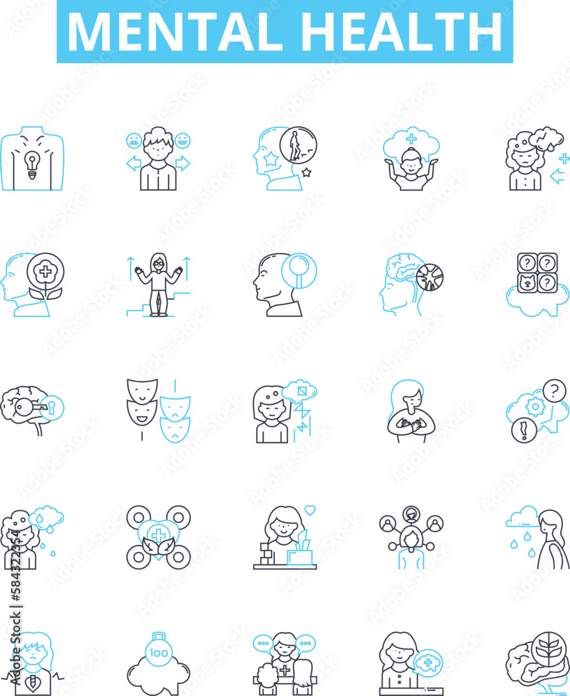 Mental health vector line icons set. Mental, health, psychological, wellbeing, stress, anxiety, depression illustration outline concept symbols and signs Mental health vector line icons set. Mental, health, psychological, wellbeing, stress, anxiety, depression illustration outline concept symbols and signs