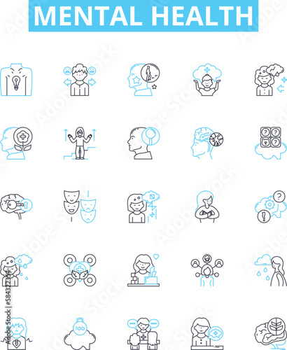 Mental health vector line icons set. Mental, health, psychological, wellbeing, stress, anxiety, depression illustration outline concept symbols and signs