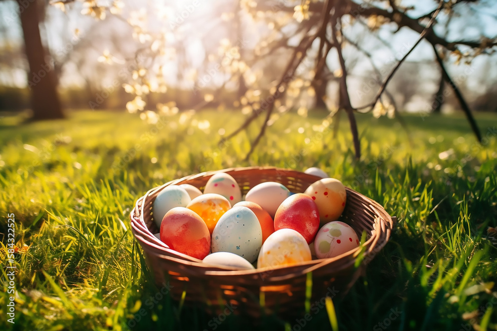 Egg-citing Easter Decor: Painted Eggs in a Basket on a Sunny Day Egg-citing Easter Decor: Painted Eggs in a Basket on a Sunny Day