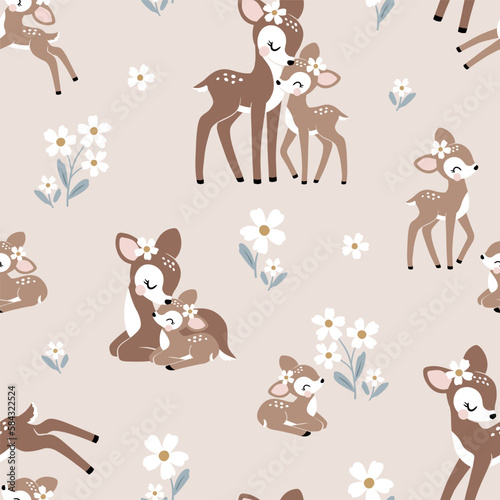 Seamless vector pattern with cute vintage fawn, mom and baby on floral background. Perfect for textile, wallpaper or print design.
