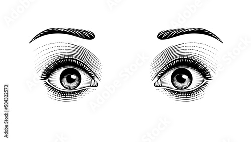 Female eyes wide open in fear or surprise isolated on white. Vintage engraving stylized drawing. Vector illustration