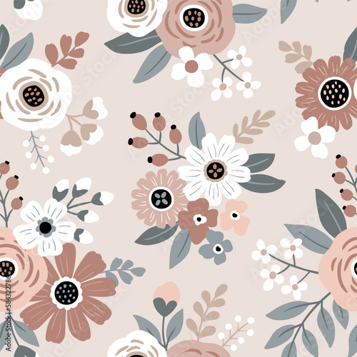 Seamless vector pattern with hand drawn vintage flowers. Perfect for textile, wallpaper or print design.