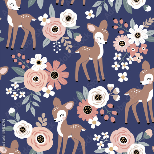 Seamless vector pattern with cute vintage fawn on floral background. Perfect for textile, wallpaper or print design.