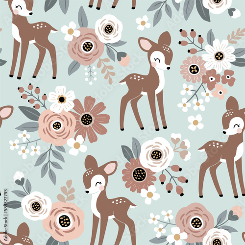 Seamless vector pattern with cute vintage fawn on floral background. Perfect for textile, wallpaper or print design.