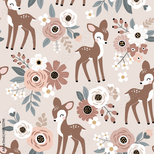 Seamless vector pattern with cute vintage fawn on floral background. Perfect for textile, wallpaper or print design.