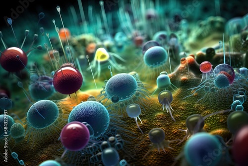 Mikroskop aufnahme von Bakterien, Vieren und Infektionen als fantastische 3d Welt