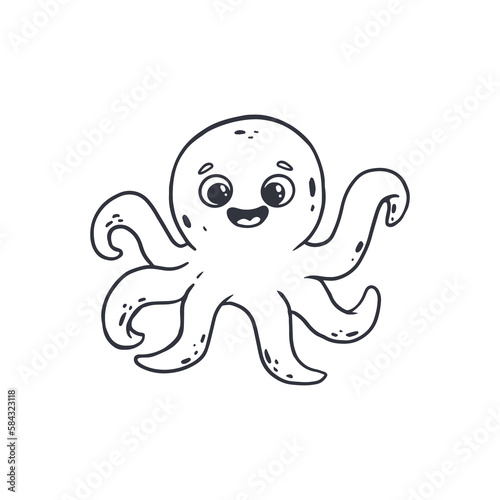Funny cartoon octopus isolated on white background.Coloring book. Doodle. Black and white illustration.