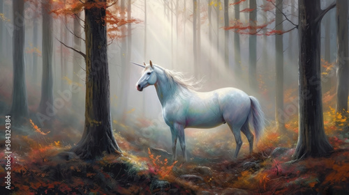 A majestic unicorn standing in the center of a misty forest. The unicorn has a pure white coat and a spiralled horn that glows with an ethereal light. Generative AI photo