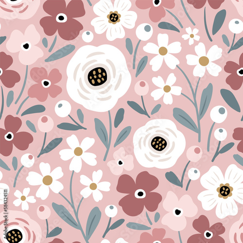 Seamless vector pattern with hand drawn vintage flowers. Perfect for textile, wallpaper or print design.