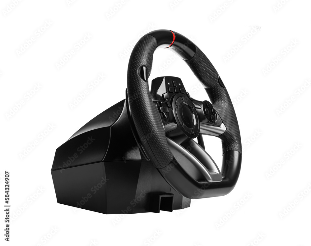 Steering play wheel isolated. Racing wheel for computer driving simulator isolated on transparent or white background.