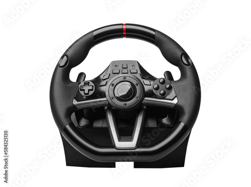 Steering play wheel isolated. Racing wheel for computer driving simulator isolated on transparent or white background.