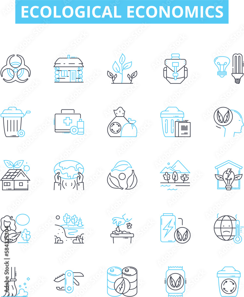 Ecological economics vector line icons set. Ecology, Economics, Sustainability, Natural, Environment, Resource, Social illustration outline concept symbols and signs