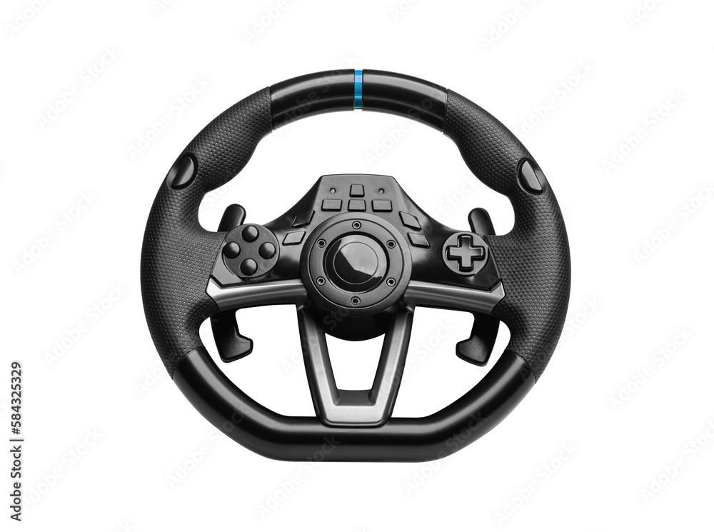 Steering play wheel isolated. Racing wheel for computer driving simulator isolated on transparent or white background.