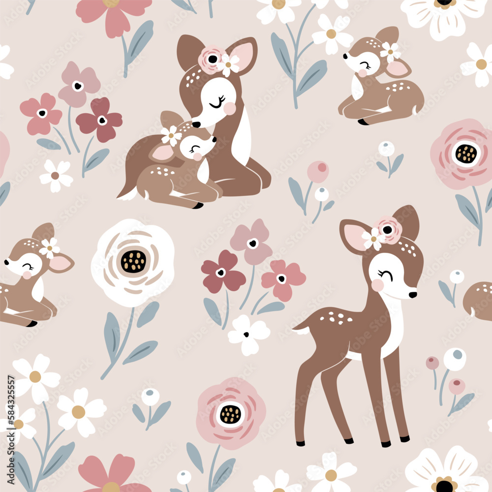 Fototapeta premium Seamless vector pattern with cute vintage fawn, mom and baby on floral background. Perfect for textile, wallpaper or print design.