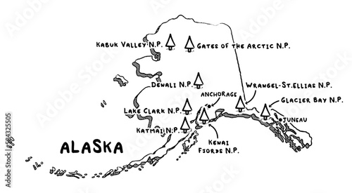 Vector hand drawn map of Alaska AK with main cities and US National Parks. US States USNPs black and white illustrated map. Full vector global color swatch different layer for ease of use