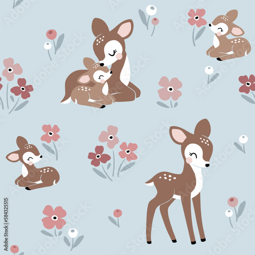 Seamless vector pattern with cute vintage fawn, mom and baby on floral background. Perfect for textile, wallpaper or print design.