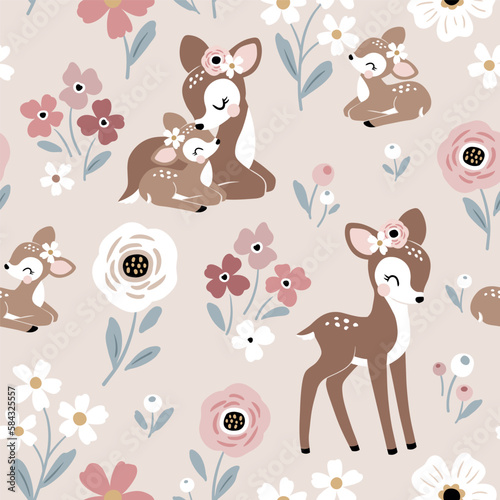 Seamless vector pattern with cute vintage fawn, mom and baby on floral background. Perfect for textile, wallpaper or print design.