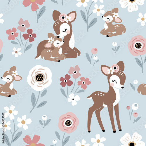 Seamless vector pattern with cute vintage fawn, mom and baby on floral background. Perfect for textile, wallpaper or print design.