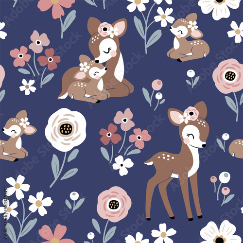 Seamless vector pattern with cute vintage fawn, mom and baby on floral background. Perfect for textile, wallpaper or print design.