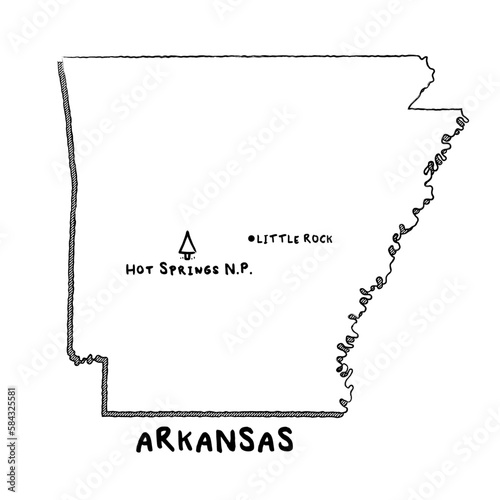 Vector hand drawn map of Arkansas AR with main cities and US National Parks. US States USNPs black and white illustrated map. Full vector global color swatch different layer for ease of use
