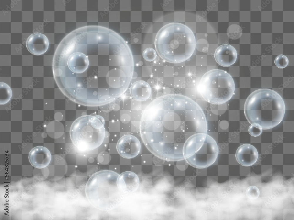 	
Air bubbles on a transparent background. Soap foam vector illustration.	
