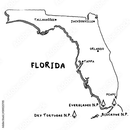 Vector hand drawn map of Florida FL with main cities and US National Parks. US States USNPs black and white illustrated map. Full vector global color swatch different layer for ease of use photo