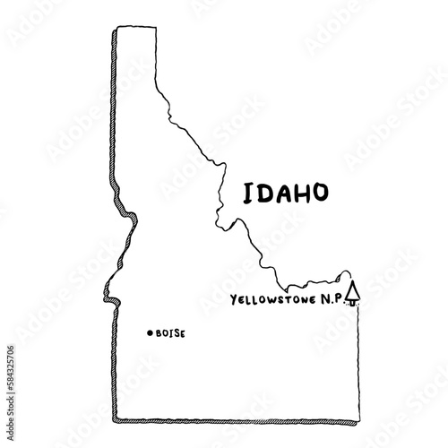 Vector hand drawn map of Idaho ID with main cities and US National Parks. US States USNPs black and white illustrated map. Full vector global color swatch different layer for ease of use