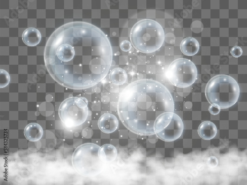   Air bubbles on a transparent background. Soap foam vector illustration.  