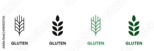 Gluten Ingredients Line and Silhouette Icon Set. Wheat Allergy Product Green and Black Pictogram. Organic Cereal Seed Symbol Collection on White Background. Isolated Vector Illustration