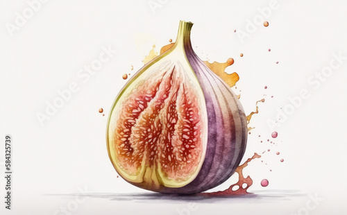 A drawn fig on white background watercolor tropical fruit organic food illustrations Generative AI