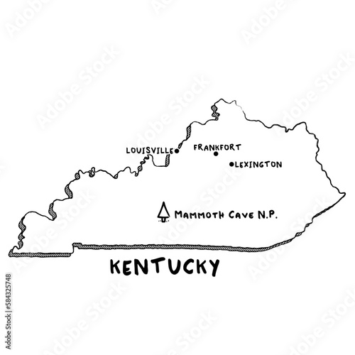 Vector hand drawn map of Kentucky KY with main cities and US National Parks. US States USNPs black and white illustrated map. Full vector global color swatch different layer for ease of use