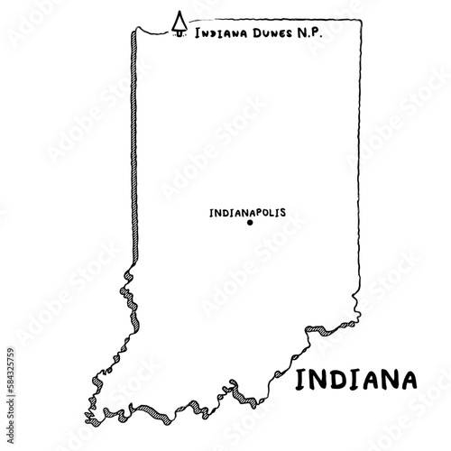 Vector hand drawn map of Indiana IN with main cities and US National Parks. US States USNPs black and white illustrated map. Full vector global color swatch different layer for ease of use